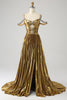 Load image into Gallery viewer, Stunning A Line Off the Shoulder Gold Long Prom Dress with Keyhole