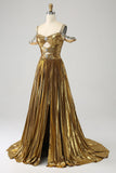 Stunning A Line Off the Shoulder Gold Long Prom Dress with Keyhole