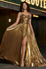 Load image into Gallery viewer, Sparkly Ruched Spaghetti Straps Beaded Metallic Prom Dress With Slit