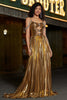 Load image into Gallery viewer, Sparkly Ruched Spaghetti Straps Beaded Metallic Prom Dress With Slit