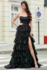 Load image into Gallery viewer, Stylish A Line Strapless Black Sequins Long Prom Dress with Ruffles