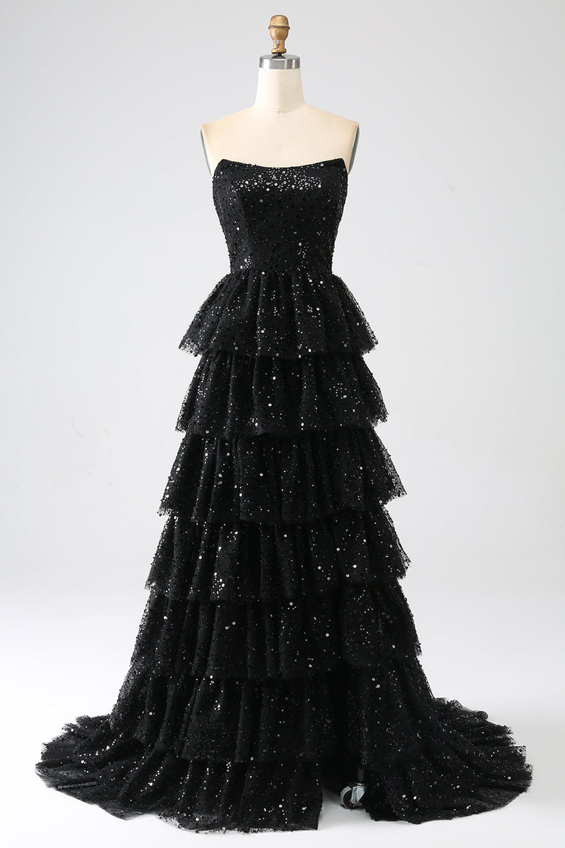 Load image into Gallery viewer, A-Line Sequins Black Tiered Prom Dress with Slit