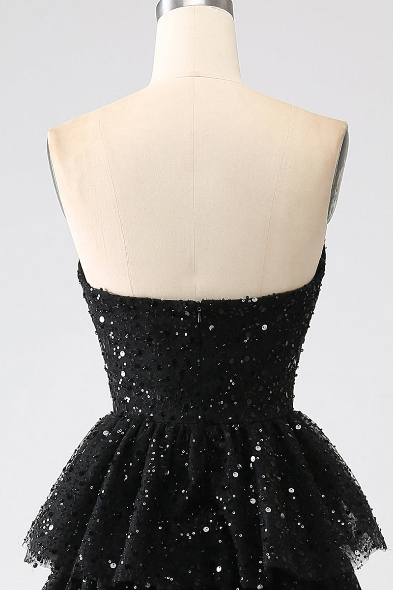 Load image into Gallery viewer, A-Line Sequins Black Tiered Prom Dress with Slit