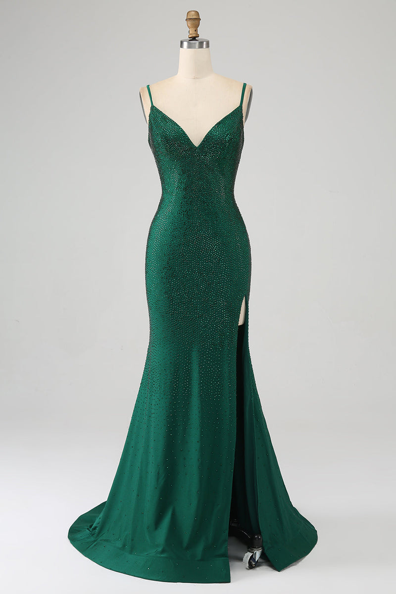 Load image into Gallery viewer, Sparkly Dark Green Beaded Long Mermaid Prom Dress with Slit