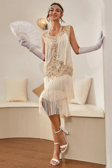 Champagne Sequins Fringes 1920s Gatsby Dress with 20s Accessories Set