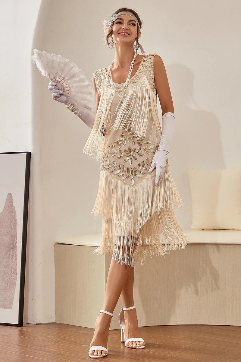 Load image into Gallery viewer, Champagne Sequins Fringes 1920s Gatsby Dress with 20s Accessories Set