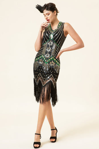 Black Green Sequins Fringes 1920s Gatsby Dress with 20s Accessories Set