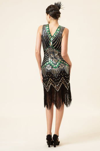 Black Green Sequins Fringes 1920s Gatsby Dress with 20s Accessories Set