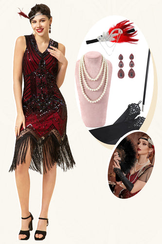 Red and Black Sequins Fringes 1920s Gatsby Dress with 20s Accessories Set