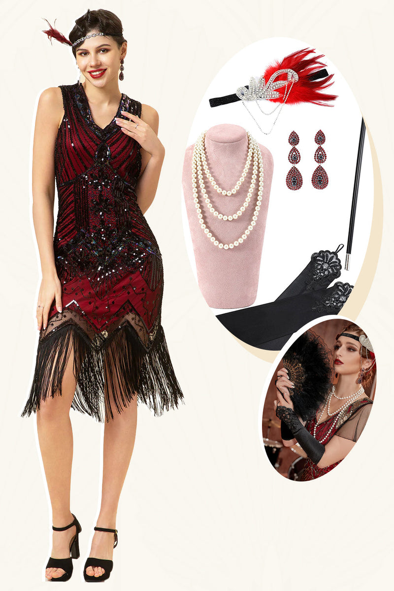 Load image into Gallery viewer, Red and Black Sequins Fringes 1920s Gatsby Dress with 20s Accessories Set