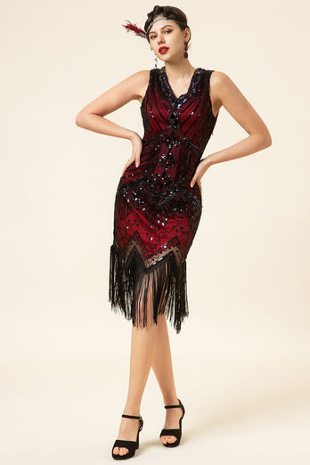 Red and Black Sequins Fringes 1920s Gatsby Dress with 20s Accessories Set