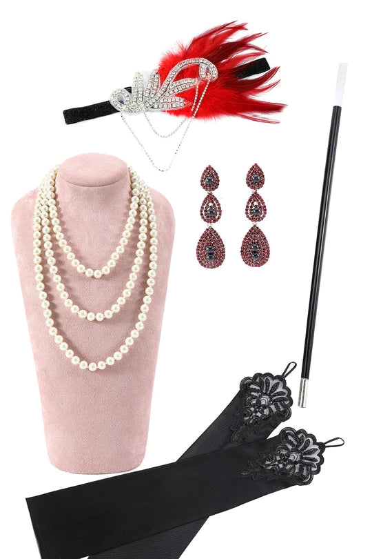 Load image into Gallery viewer, Red and Black Sequins Fringes 1920s Gatsby Dress with 20s Accessories Set