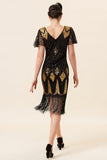 Black and Golden Sequins Fringes 1920s Gatsby Dress with 20s Accessories Set