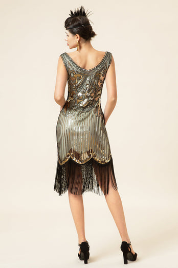 Golden Sequins Fringes 1920s Flapper Dress with 20s Accessories Set