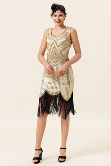 Champagne Sequins Fringes 1920s Flapper Dress with 20s Accessories Set