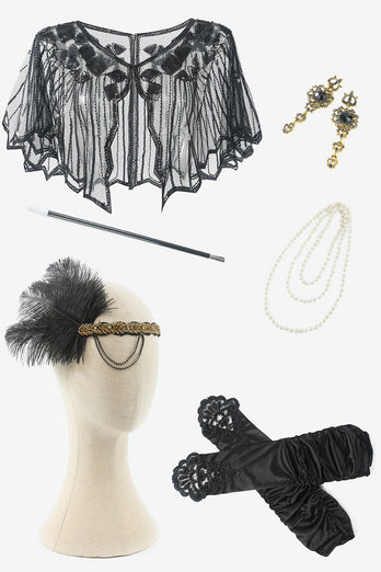 Black Fringes Sequined 1920s Flapper Dress with 20s Accessories Set