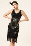 Black Sequined Fringes 1920s Gatsby Flapper Dress with 20s Accessories Set