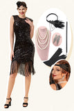 Black Sequined Fringes 1920s Gatsby Flapper Dress with 20s Accessories Set