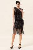 Black Sequined Fringes 1920s Gatsby Flapper Dress with 20s Accessories Set