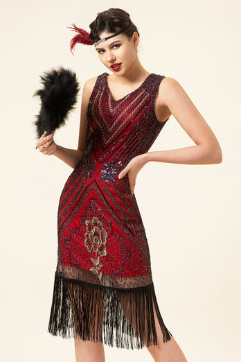 Burgundy Sequined Fringes 1920s Gatsby Flapper Dress with 20s Accessories Set