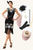 Load image into Gallery viewer, Black and Silver Sequined Fringes 1920s Gatsby Flapper Dress with 20s Accessories Set