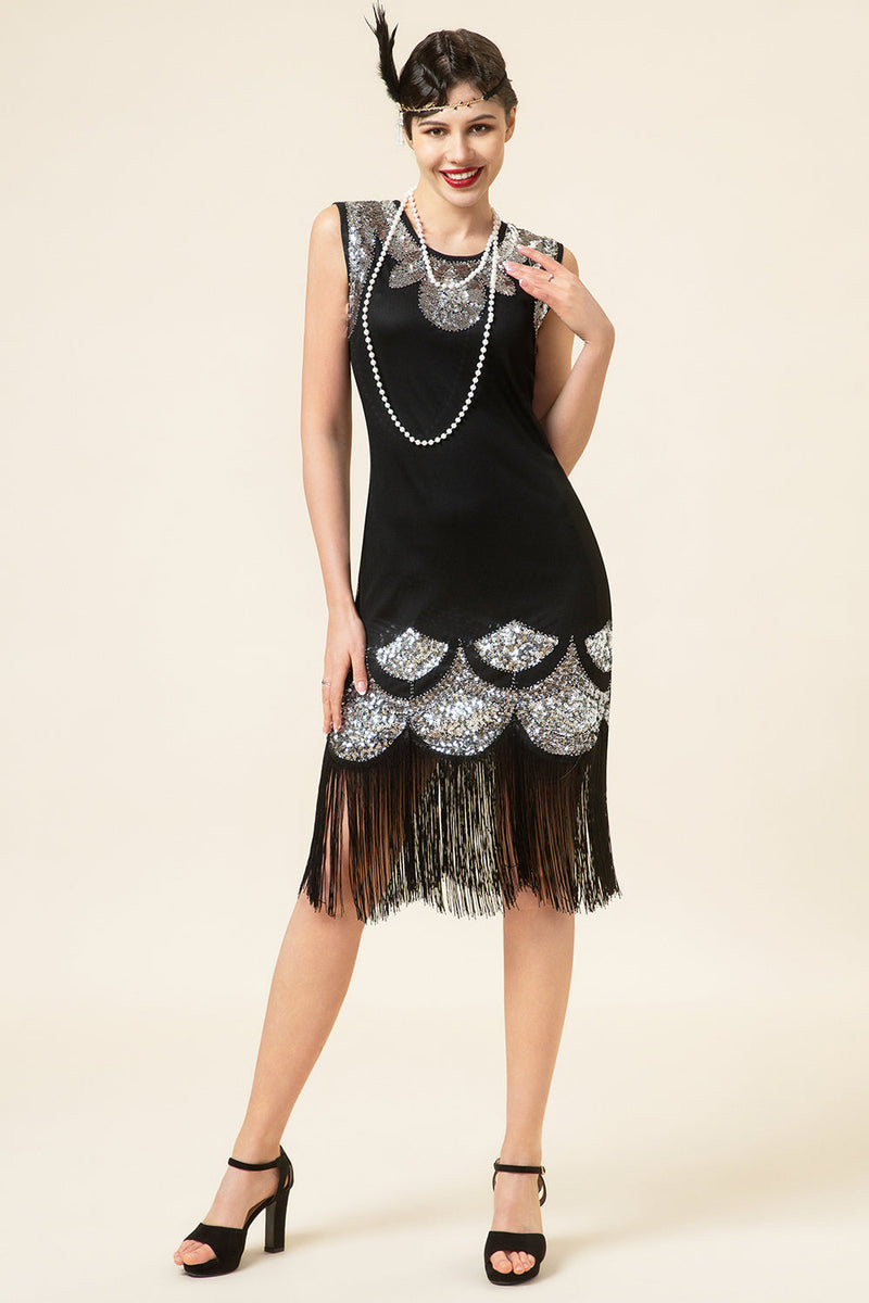 Load image into Gallery viewer, Black and Silver Sequined Fringes 1920s Gatsby Flapper Dress with 20s Accessories Set