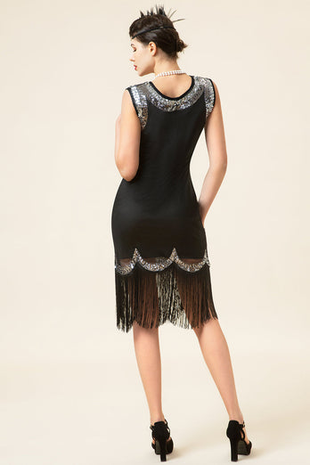 Black and Silver Sequined Fringes 1920s Gatsby Flapper Dress with 20s Accessories Set