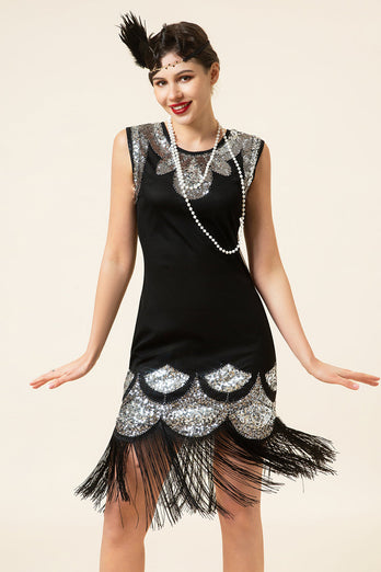 Black and Silver Sequined Fringes 1920s Gatsby Flapper Dress with 20s Accessories Set