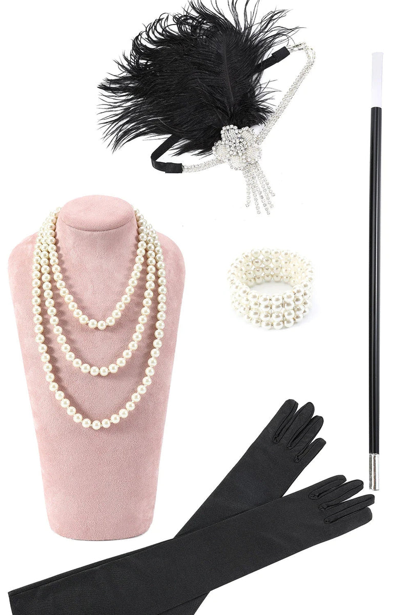 Load image into Gallery viewer, Black and Silver Sequined Fringes 1920s Gatsby Flapper Dress with 20s Accessories Set