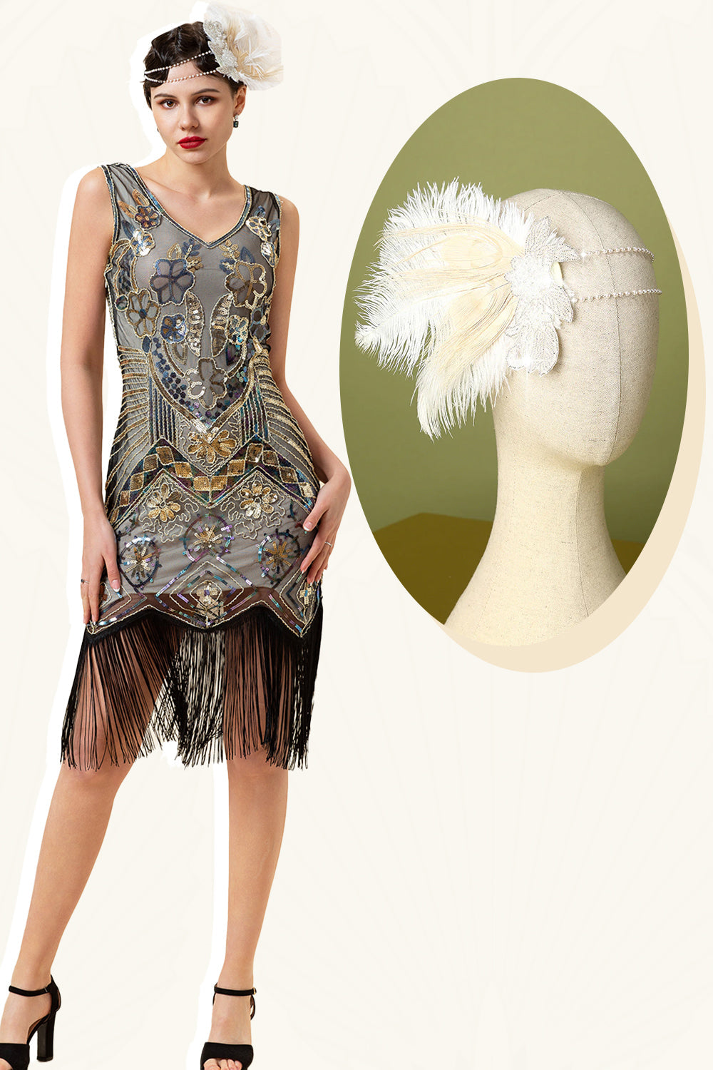 Apricot and Golden Sequined Fringes 1920s Gatsby Flapper Dress with 20s Accessories Set