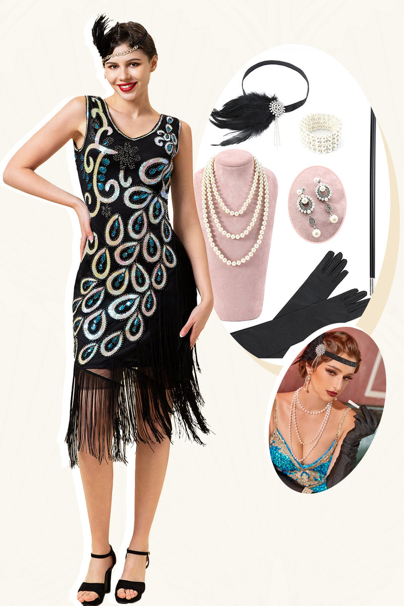 Load image into Gallery viewer, Black and Blue Sequined Fringes 1920s Gatsby Flapper Dress with 20s Accessories Set