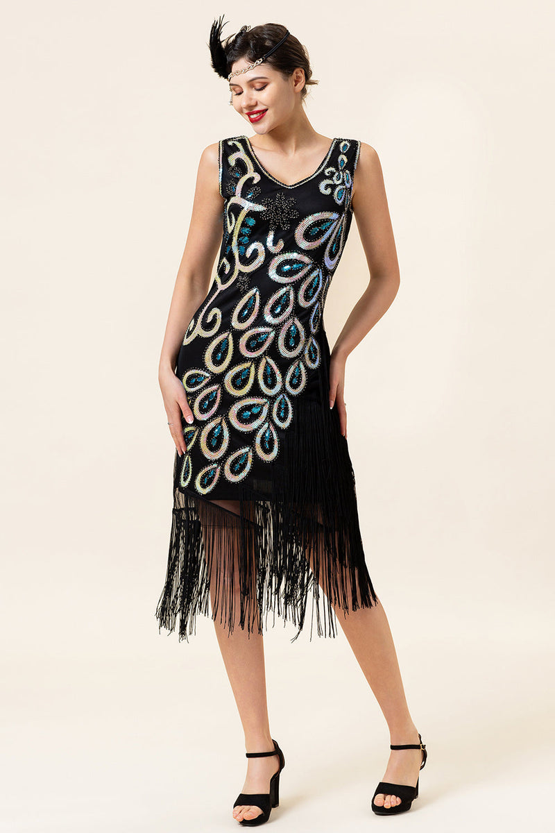 Load image into Gallery viewer, Black and Blue Sequined Fringes 1920s Gatsby Flapper Dress with 20s Accessories Set