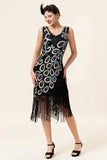 Black and Blue Sequined Fringes 1920s Gatsby Flapper Dress with 20s Accessories Set