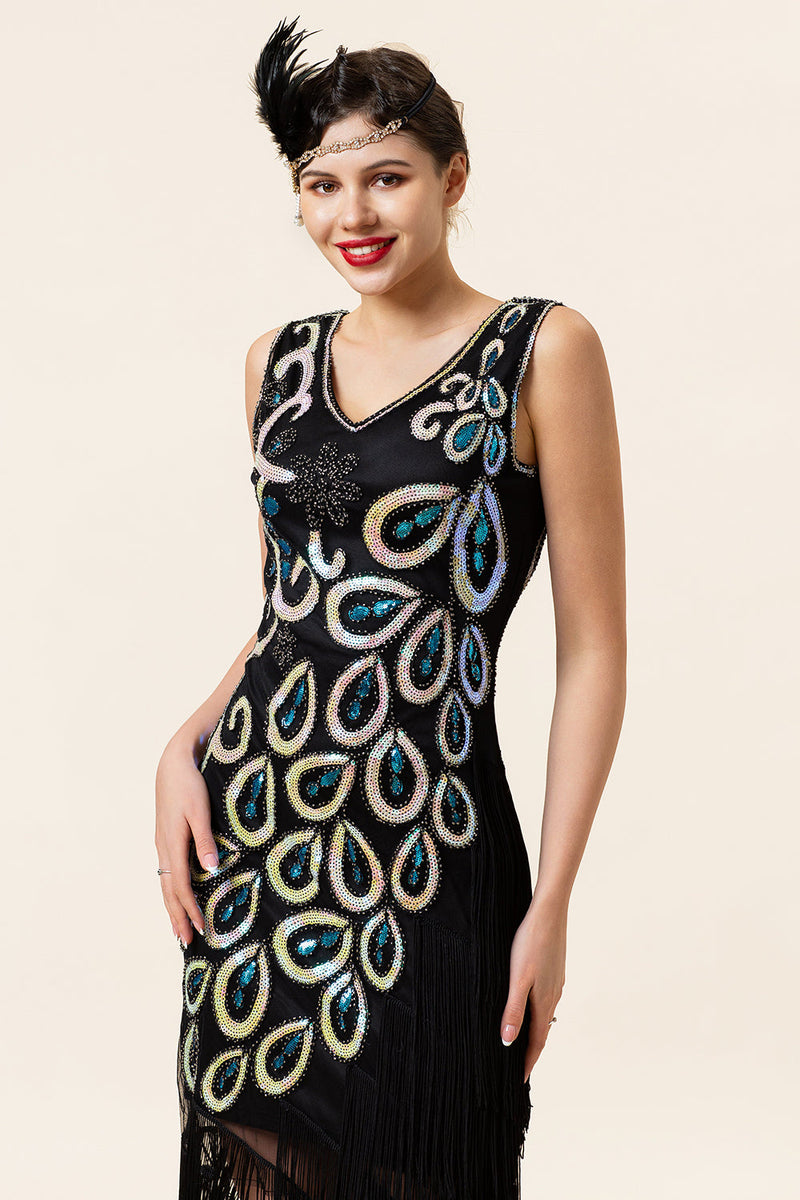 Load image into Gallery viewer, Black and Blue Sequined Fringes 1920s Gatsby Flapper Dress with 20s Accessories Set