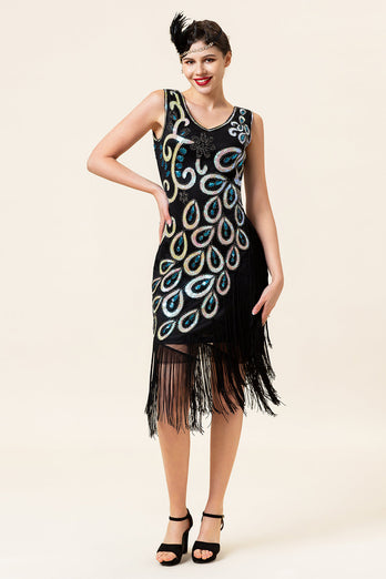 Black and Blue Sequined Fringes 1920s Gatsby Flapper Dress with 20s Accessories Set