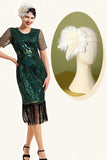 Dark Green Short Sleeves Sequined Fringes 1920s Gatsby Flapper Dress with 20s Accessories Set