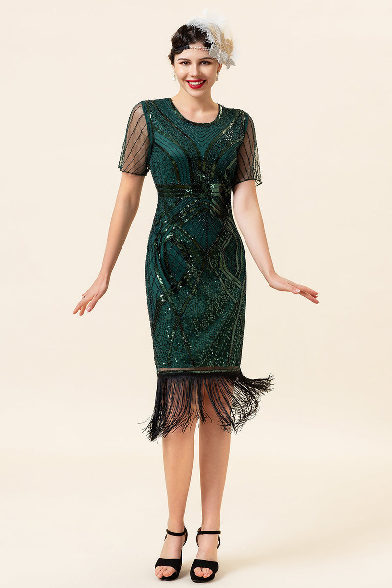 Load image into Gallery viewer, Dark Green Short Sleeves Sequined Fringes 1920s Gatsby Flapper Dress with 20s Accessories Set