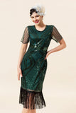 Dark Green Short Sleeves Sequined Fringes 1920s Gatsby Flapper Dress with 20s Accessories Set