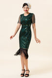 Dark Green Short Sleeves Sequined Fringes 1920s Gatsby Flapper Dress with 20s Accessories Set