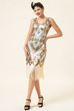 Golden and Silver Sequined Fringes 1920s Gatsby Flapper Dress with 20s Accessories Set