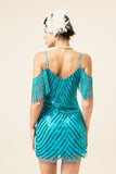 Turquoise Sequined Fringes 1920s Gatsby Flapper Party Dress with 20s Accessories Set