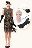 Black and Golden Cap Sleeves Sequined Fringes 1920s Gatsby Flapper Party Dress with 20s Accessories Set