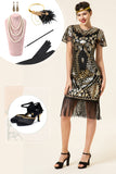 Black and Golden Cap Sleeves Sequined Fringes 1920s Gatsby Flapper Dress with 20s Accessories Set