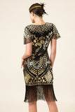 Black and Golden Cap Sleeves Sequined Fringes 1920s Gatsby Flapper Dress with 20s Accessories Set