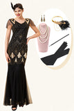 Black and Golden Cap Sleeves Sequined Long 1920s Gatsby Flapper Dress with 20s Accessories Set