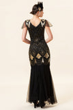 Black and Golden Cap Sleeves Sequined Long 1920s Gatsby Flapper Dress with 20s Accessories Set