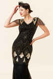 Black and Golden Cap Sleeves Sequined Long 1920s Gatsby Flapper Dress with 20s Accessories Set