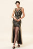 Load image into Gallery viewer, Black and Golden Illusion Neck Sequined Long 1920s Gatsby Flapper Dress with 20s Accessories Set