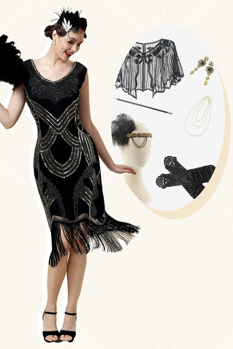 Load image into Gallery viewer, Black Sequined 1920s Gatsby Flapper Party Dress with 20s Accessories Set