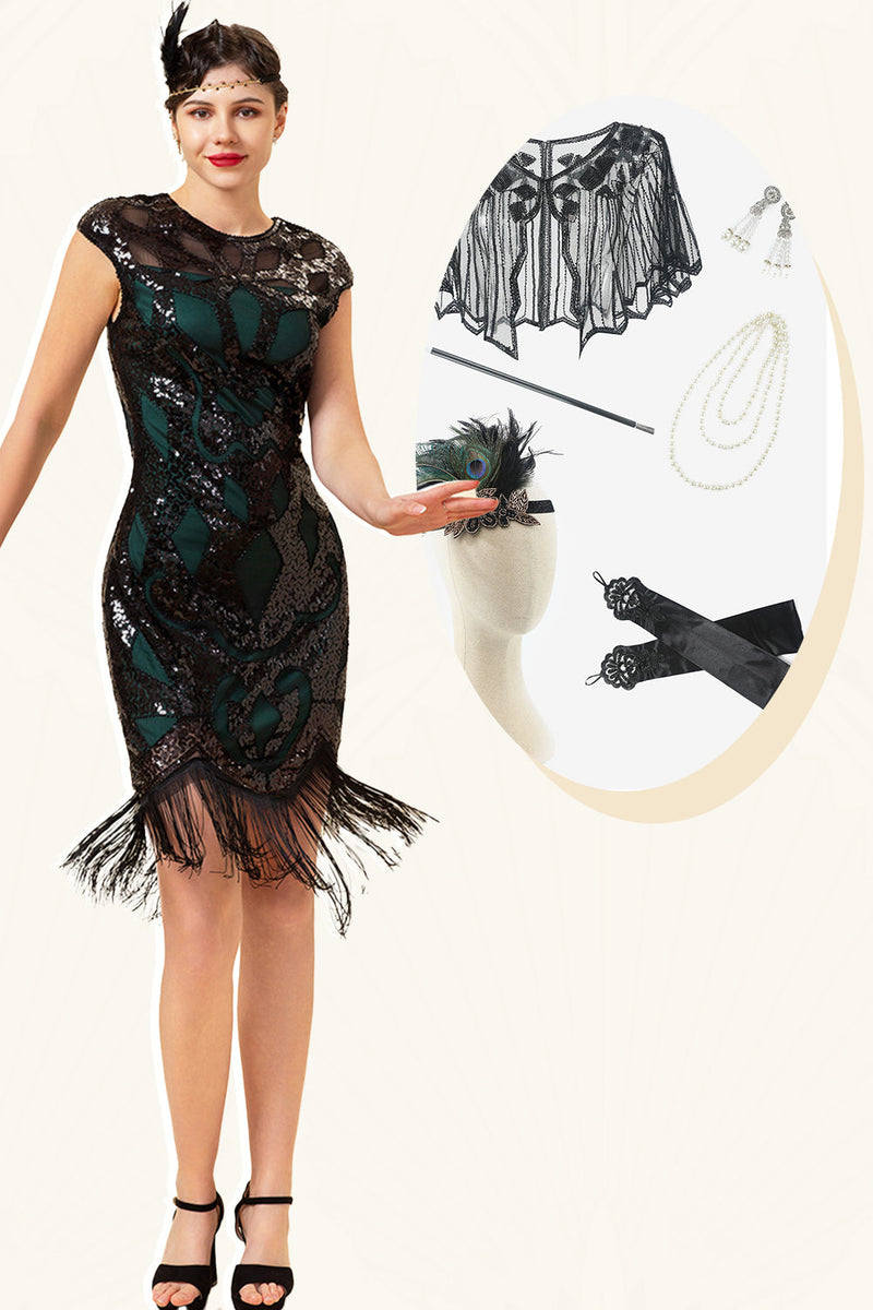 Load image into Gallery viewer, Black and Green Sequined Fringes 1920s Gatsby Flapper Party Dress with 20s Accessories Set